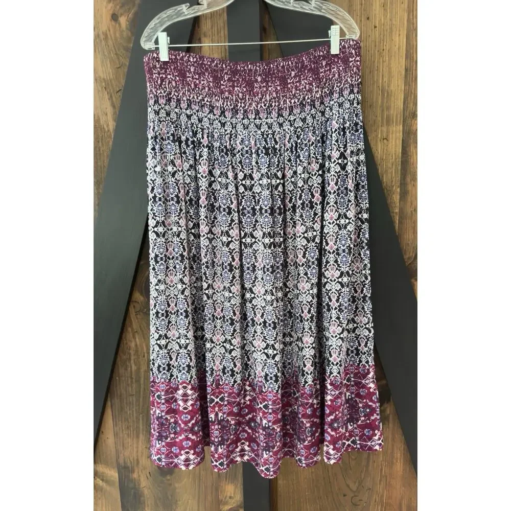 J Jill Smocked Waistband Midi Skirt Purple, Pink, Black Boho Print Silky Size L